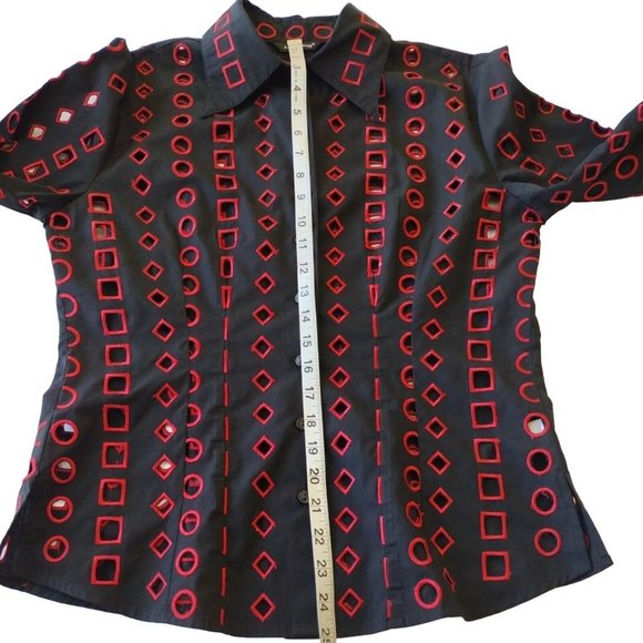 Samuel Dong Top Button Down Geometric Burnout Black And Red Small - Picture 5 of 9